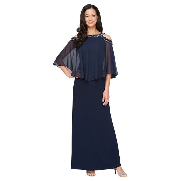 Alex Evenings Womens 6 Navy Cold Shoulder Popover Maxi Gown Beaded Neck OS15-13 - Picture 3 of 10